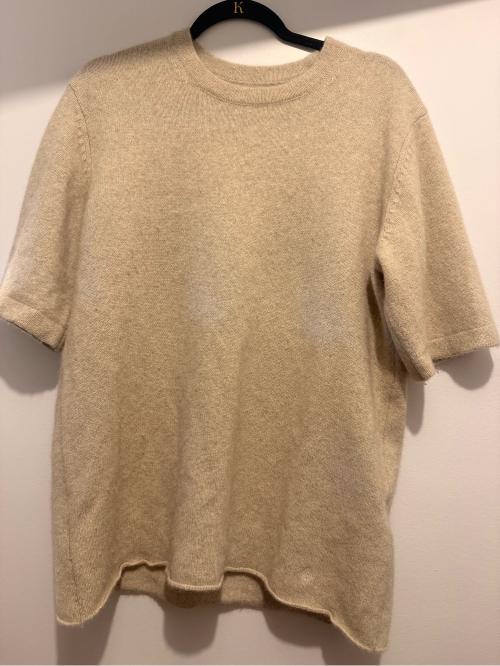 Loulou Studio Crewneck Short-Sleeve cashmere Sweater in Light Beige